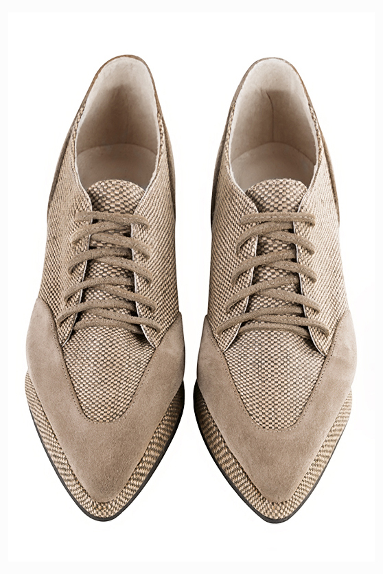 Tan beige women's casual lace-up shoes. Pointed toe. Low wedge soles. Top view - Florence KOOIJMAN